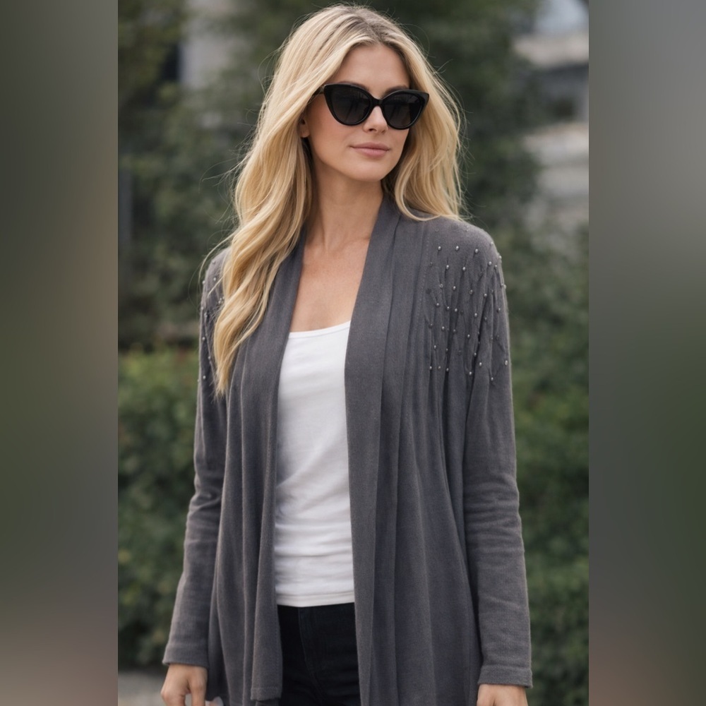 Dana Buchman Gray Waterfall Open Front Cardigan with Silver Stud Details, Large